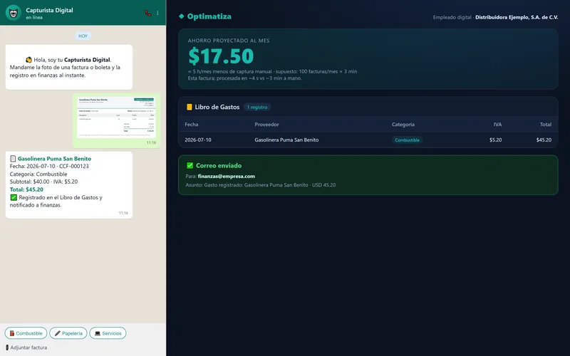 Captura del Capturista Digital: a la izquierda, el chat donde llega la boleta y el resumen extraído; a la derecha, el Libro de Gastos con el registro y el aviso del correo enviado a finanzas.