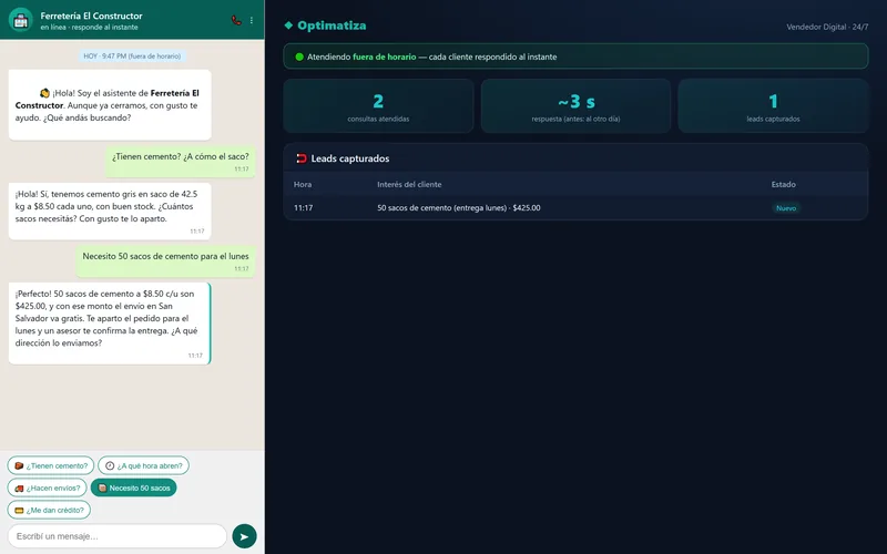 Captura del Vendedor Digital: conversación de WhatsApp en la que un cliente pide cincuenta sacos de cemento fuera de horario y el agente confirma el pedido; a la derecha, el panel con el pedido registrado como nuevo.