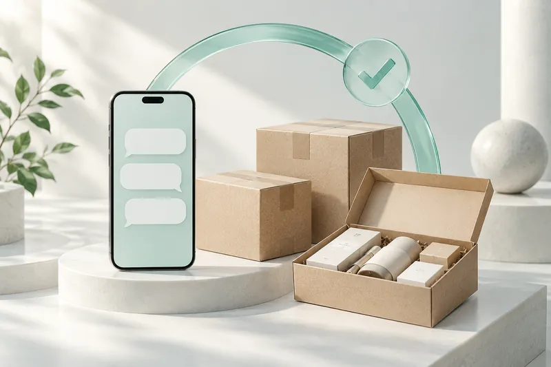Ilustración: un teléfono con burbujas de chat, unido por un arco turquesa con una marca de verificación a las cajas de un pedido.