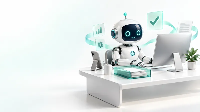 Ilustración: un robot blanco y turquesa trabaja en un escritorio con una computadora, rodeado de iconos de gráfica, engrane, verificación y documento.